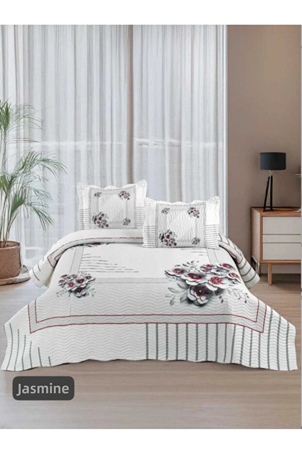 غطاء سرير مبطن مزدوج، نموذج كلاسيكي منقوش - ياسمين (250 × 260 سم)