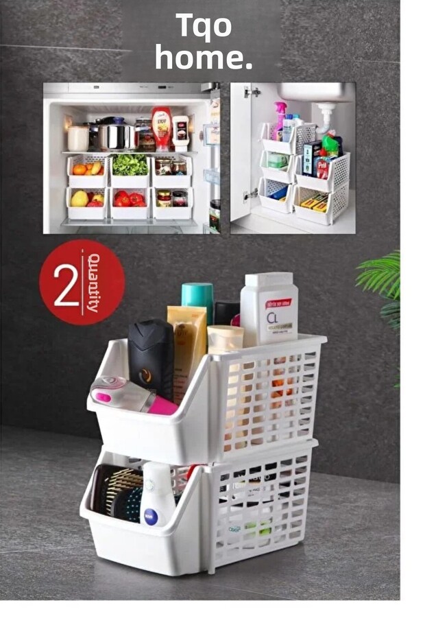 2 Pieces of Stackable Multi-Purpose Bathroom Under-Sink Organizer Large Size - White - 1
