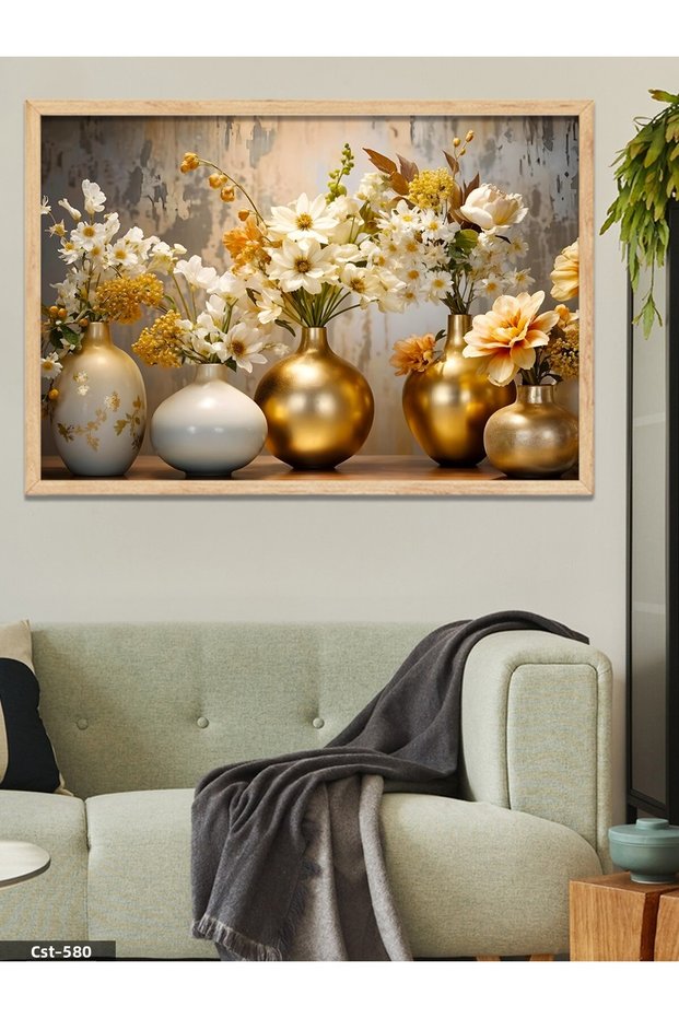 Flowers in Gold Vase One Piece Wooden Framed Painting