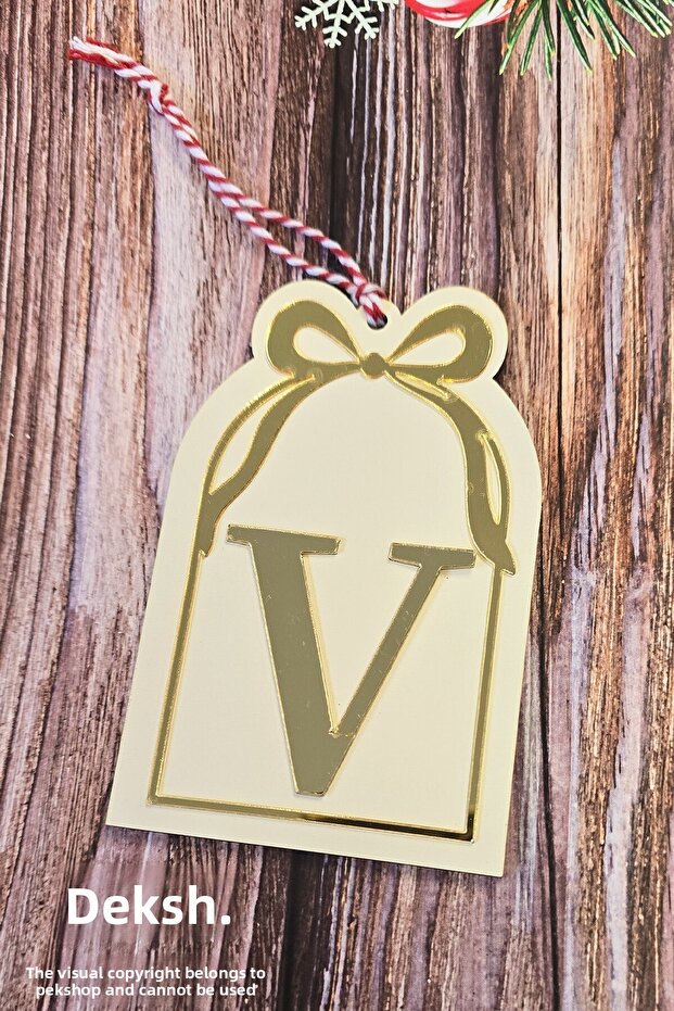 Initial Letter Window Model Bow Christmas Tree Ornament - Gold Initial Letter and Bow Design New Year Ornament