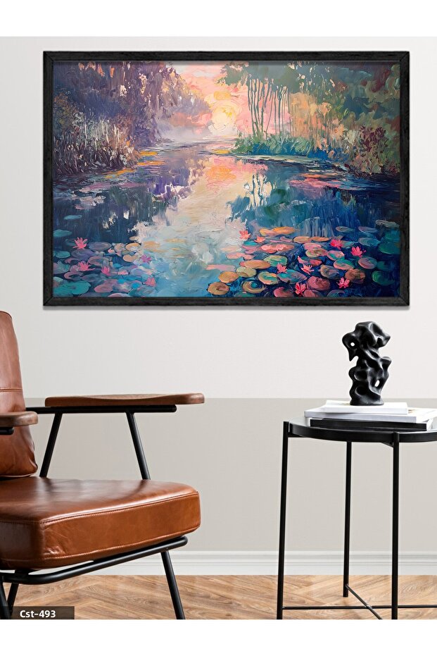 Sunset Lake One Piece Black Wooden Framed Painting
