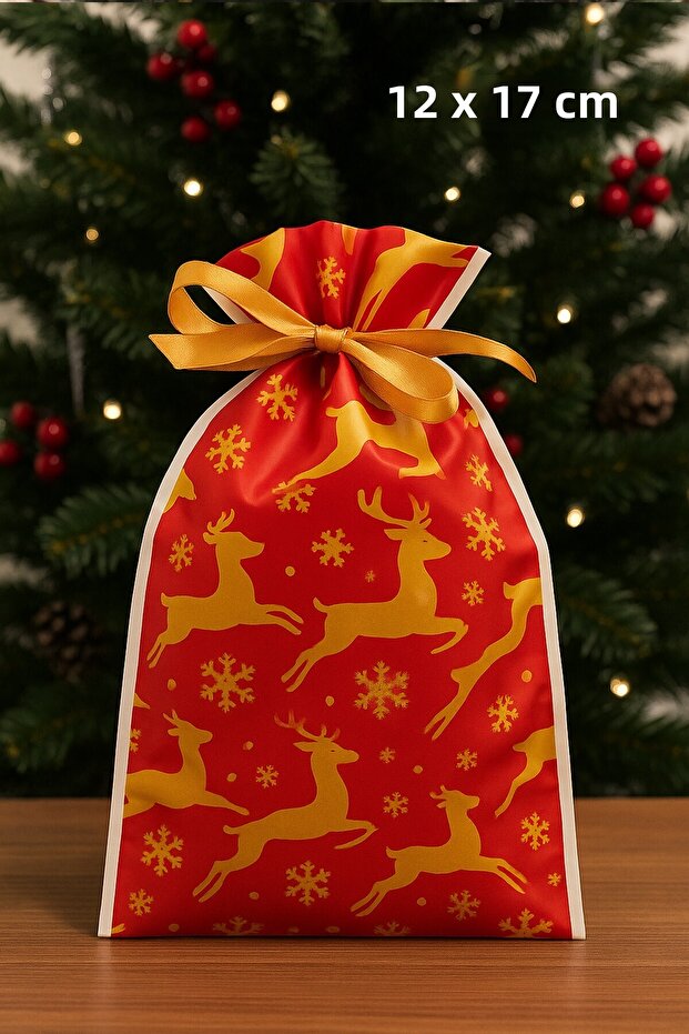 Christmas Gift Bag Deer Pattern Medium Size Christmas Gift Bag Pouch 12X17Cm Pack of 5