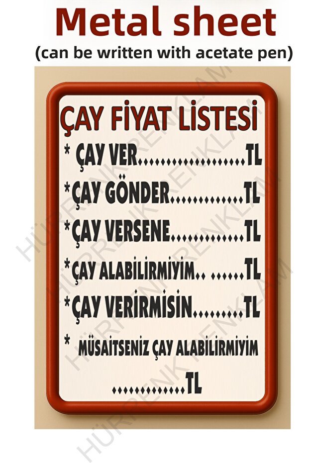 Metal Coffee Shop Tea Price List Has Double-Sided Printing on the Back. 20X30 cm