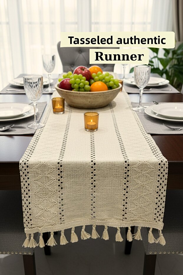 طقم زينة بوهيمي أصيل بنمط RunnerBohem مع شراشيب مقاس 35×140 سم - 1