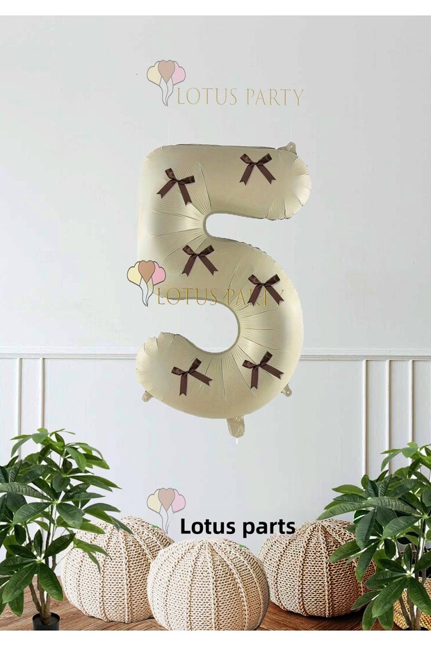 Cream Number Foil Balloon with Ribbon Brown Number with Brown Ribbon Cream Number with Bow 5 Years Old