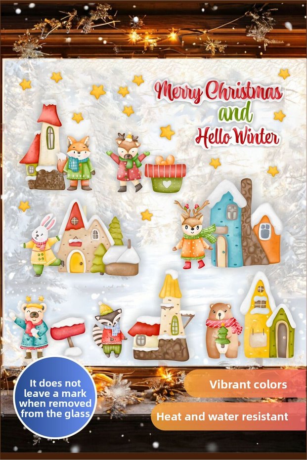 Forest Friends and Snowy Houses New Year Set Glass Wall Sticker