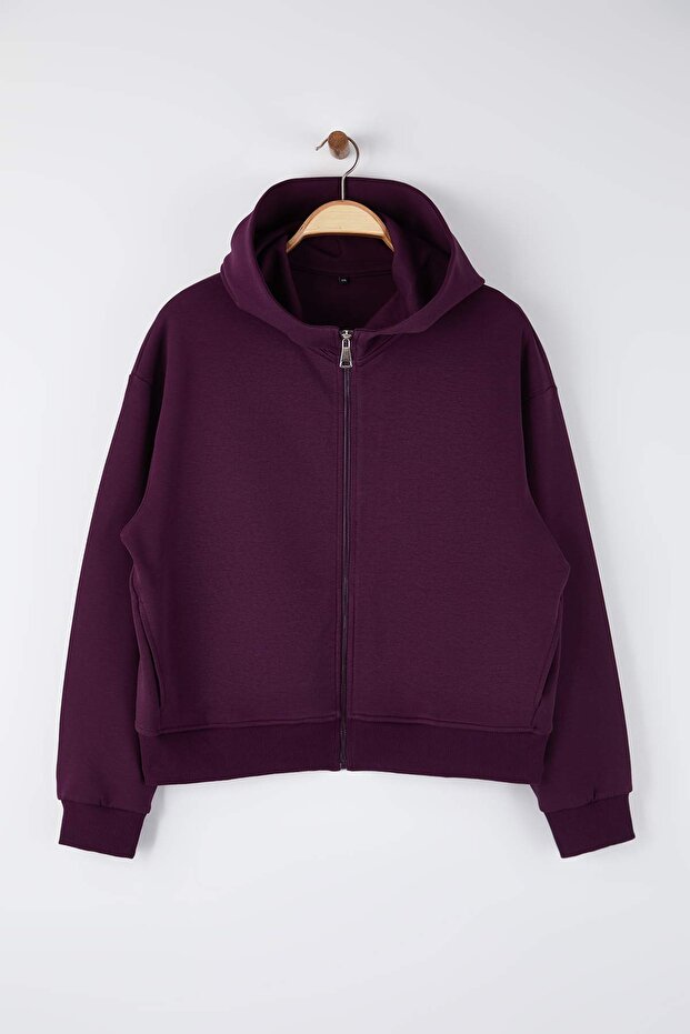 Mor Regular Fit Dökümlü Kumaş Önü Fermuarlı Büyük Beden Sweatshirt TBBAW26AO00031 - 5