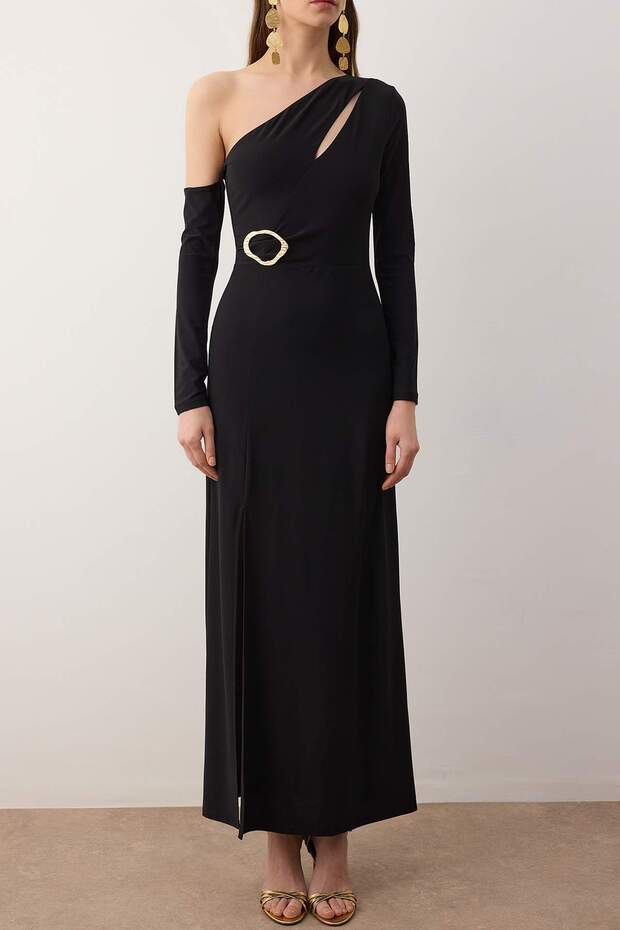 Siyah Cut Out ve Aksesuar Detaylı Örme Maxi Abiye & Mezuniyet Elbisesi TPRAW26AE00012 - 3