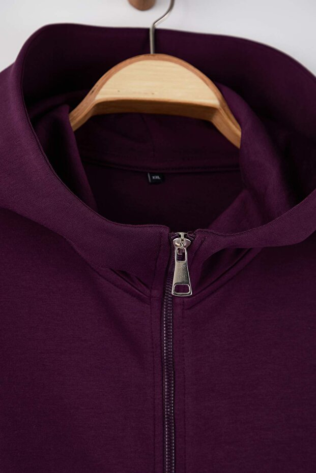 Mor Regular Fit Dökümlü Kumaş Önü Fermuarlı Büyük Beden Sweatshirt TBBAW26AO00031 - 7
