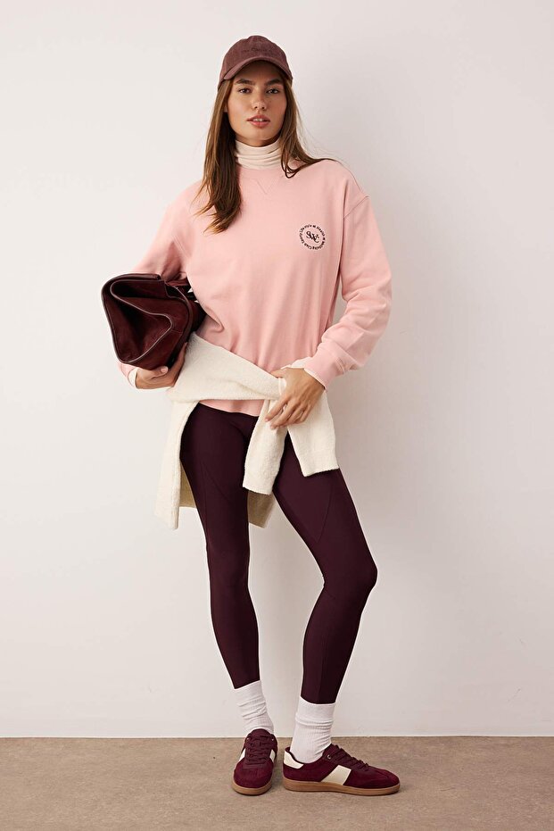 Açık Gül Kurusu Oversize Kalıp Nakışlı Kalın İçi Polarlı Örme Sweatshirt TWOAW26SW00203 - 2
