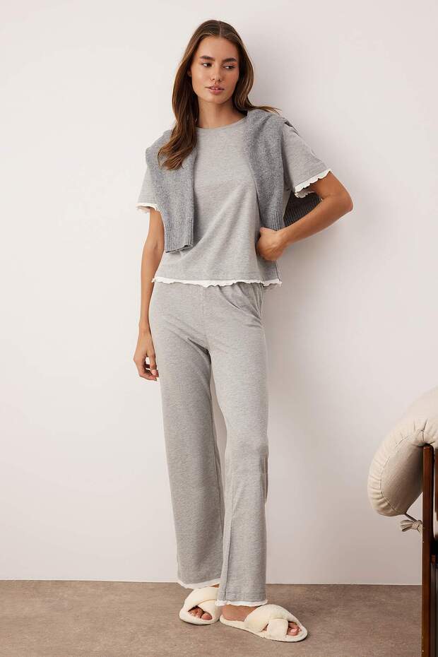 Gri Melanj Pamuklu Çift Katlı Fırfırlı Örme Pijama Takımı THMAW26PT00125 - 1