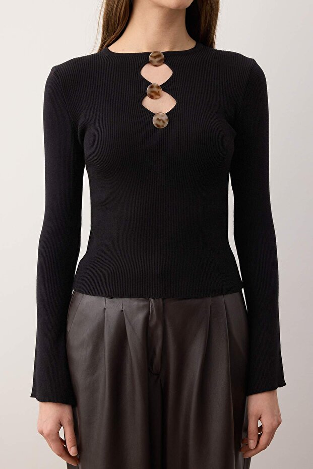 Siyah Aksesuar ve Cut Out/Pencere Detaylı Triko Kazak TWOAW26KZ00255 - 3