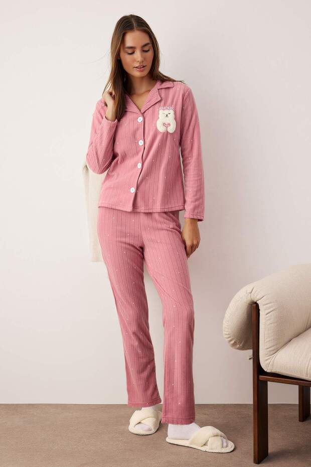 Gül Kurusu Puantiyeli Hayvan Baskılı Polar Kışlık Örme Pijama Takımı THMAW24PT00176 - 1