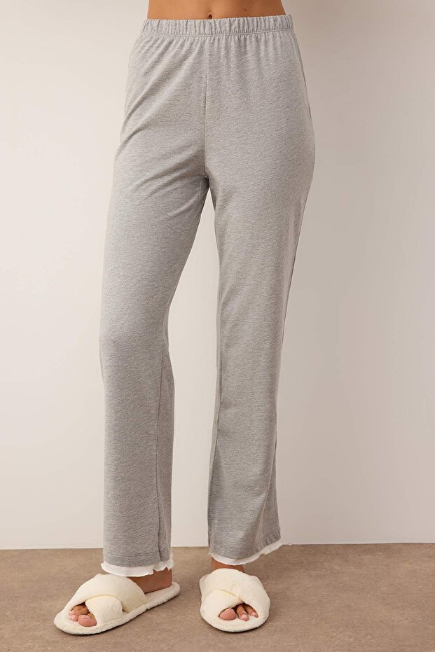 Gri Melanj Pamuklu Çift Katlı Fırfırlı Örme Pijama Takımı THMAW26PT00125 - 3