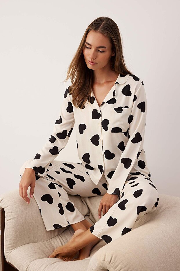 Kadın Mini Me/Anne Kız Ekru Kalpli Viskon Dokuma Pijama Takımı THMAW21PT0936 - 4
