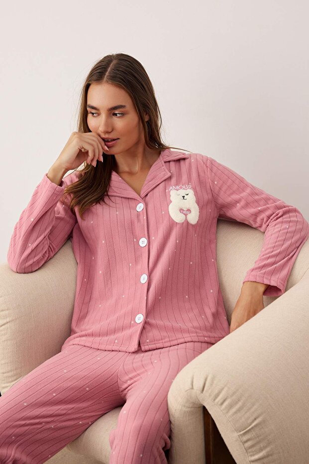 Gül Kurusu Puantiyeli Hayvan Baskılı Polar Kışlık Örme Pijama Takımı THMAW24PT00176 - 2