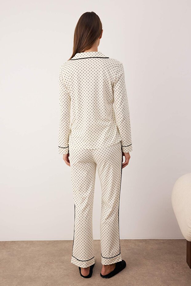 Beyaz %100 Pamuklu Puantiye Desenli Biyeli Örme Pijama Takımı THMAW26PT00158 - 4