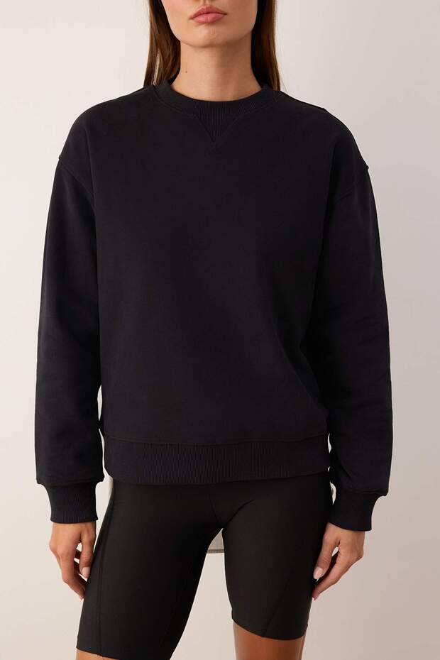 Siyah Oversize/Geniş Kalıp Kalın İçi Polarlı Örme Sweatshirt TWOAW26SW00203 - 3