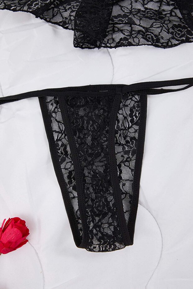 Siyah Pencere/Cut Out Detaylı Külotlu Dantelli Kapsız Örme Babydoll/Fantezi Gecelik TBBAW26DH00002 - 6