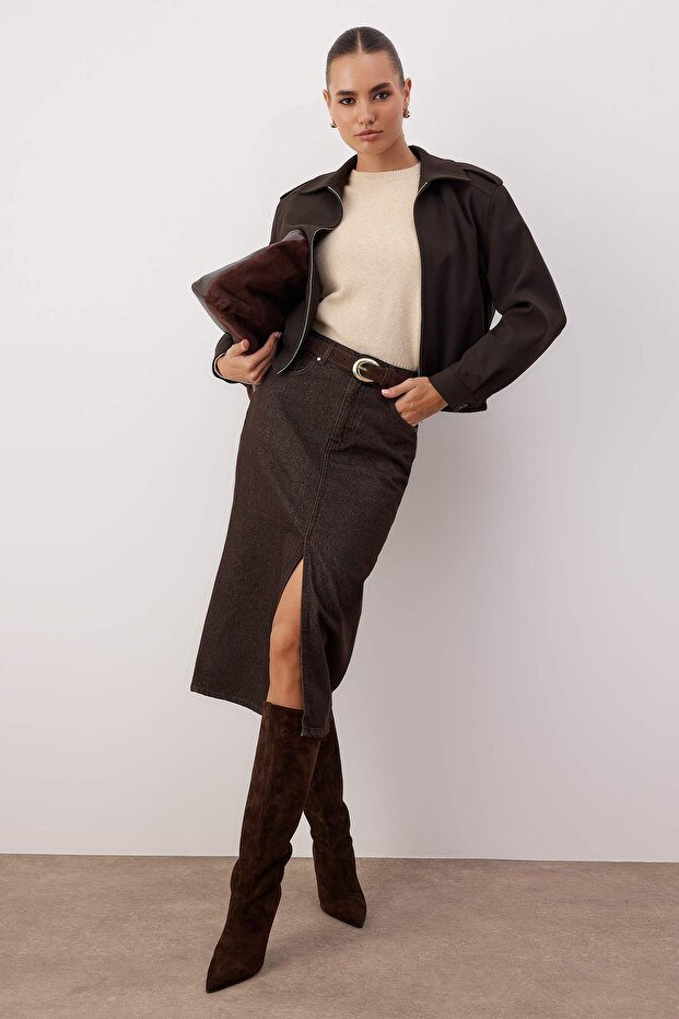 Kahverengi Denim Midi Etek TWOAW26ET00140 - 3