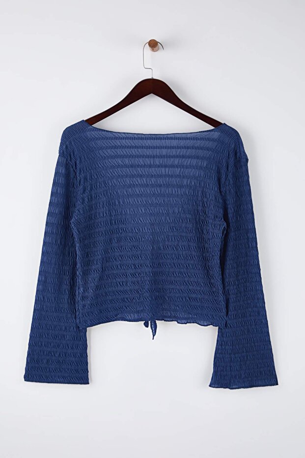 Indigo Gofre Dokulu Kumaş Crop Boy Örme Büyük Beden Bluz TBBAW26AF00082 - 8