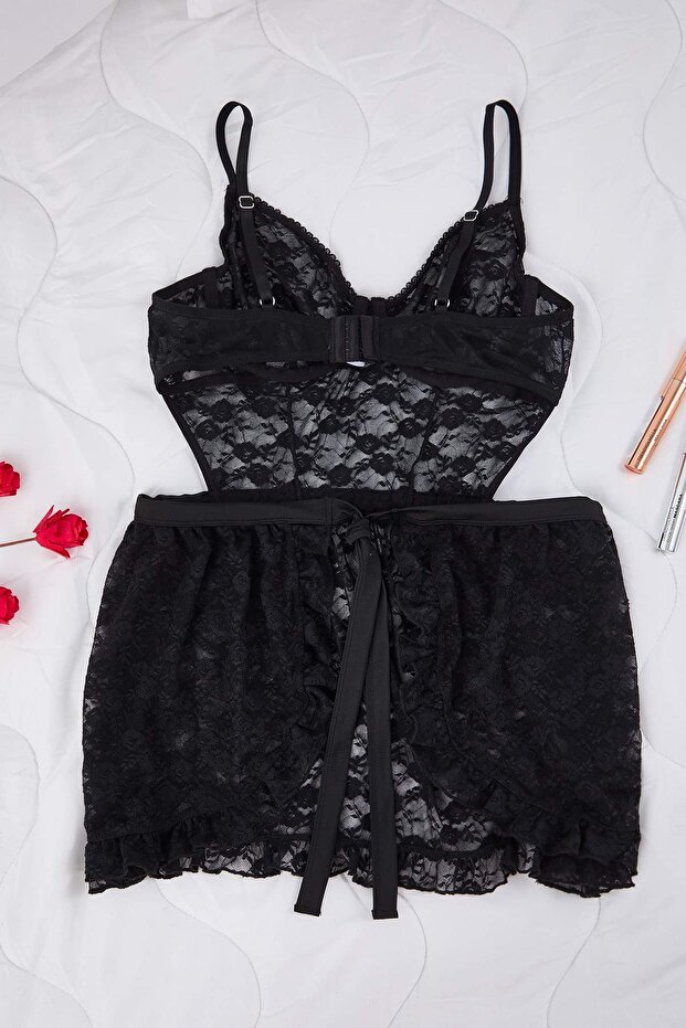 Siyah Kapsız Balenli Dantelli Büyük Beden Fantezi Babydoll TBBAW26DH00001 - 4