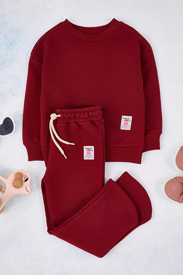 Bordo Pamuklu Düz Bisiklet Yaka Oversize Kız Çocuk Örme Alt - Üst Takım TKDAW26AU00014 - 2