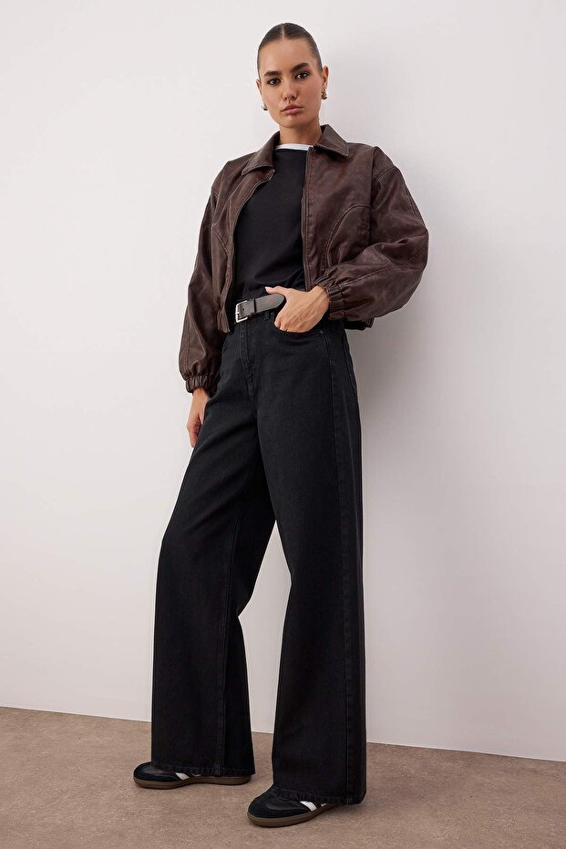 Siyah Beli Ayarlı Yüksek Bel Wide Leg/Geniş Paça Jeans TWOAW26JE00265 - 3