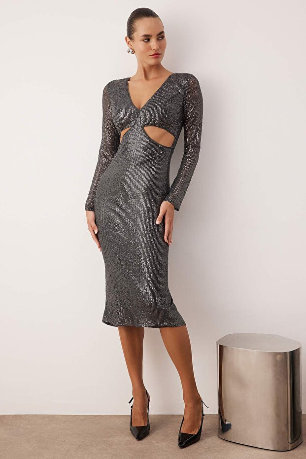 Anthracite Cut Out Detailed Knitted Sequin Midi Lined Stylish/Evening Dress