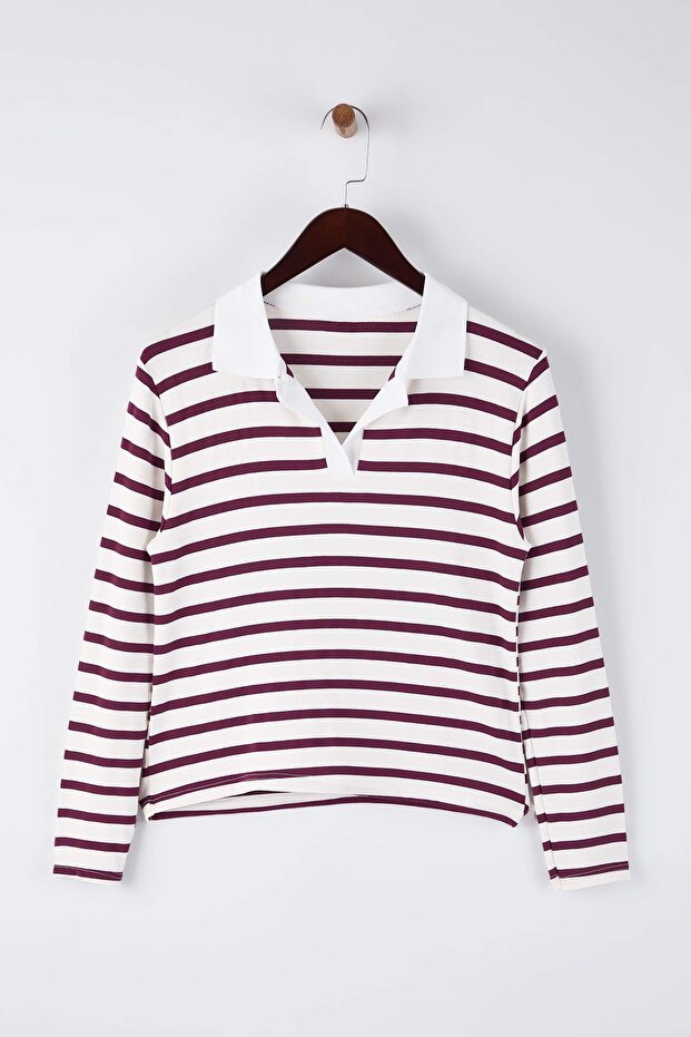 Bordo Polo Yaka Çizgili Crop Boy Örme Büyük Beden Bluz TBBAW26AF00109 - 5