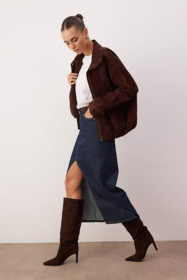 Koyu Mavi Yırtmaçlı Maxi Denim Etek TWOAW26ET00144 - 2