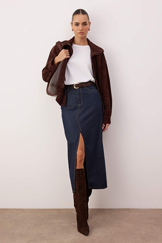 Koyu Mavi Yırtmaçlı Maxi Denim Etek TWOAW26ET00144 - 1
