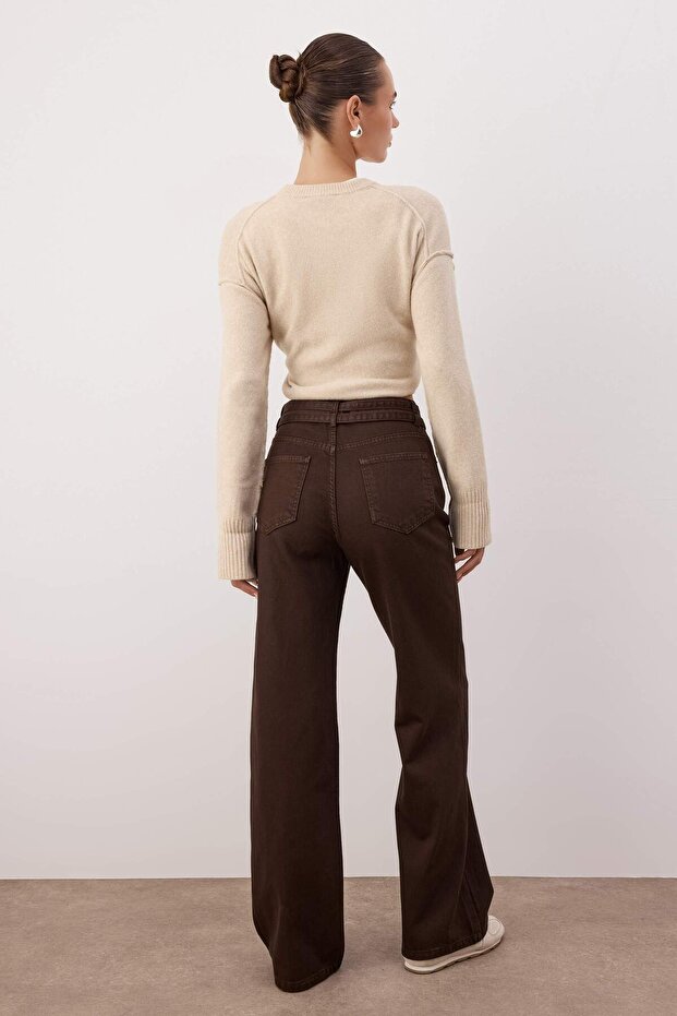 Kahverengi Yüksek Bel Kemer Detaylı Wide Leg Jeans TWOAW26JE00164 - 4