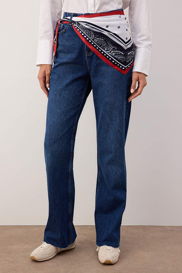 Koyu Mavi Fular Detaylı Paçası Kesikli Yüksek Bel Wide Leg Jeans TWOAW26JE00286 - 3