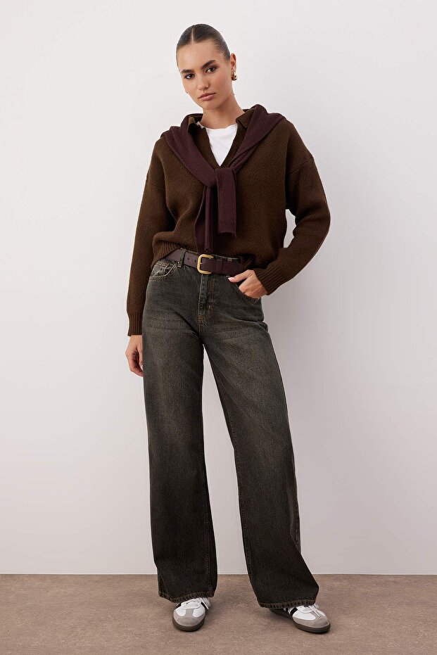 Antrasit Yüksek Bel Vintage Yıkama Geniş Paça Wide Leg Jeans TWOAW26JE00124 - 3