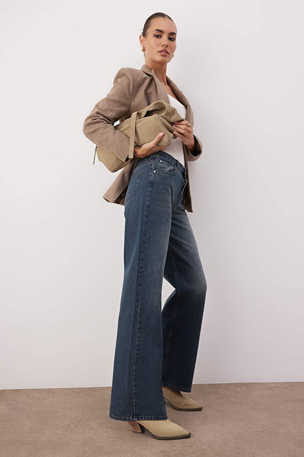 Koyu Mavi Yüksek Bel Geniş Paça Wide Leg Jeans TWOAW26JE00119 - 2