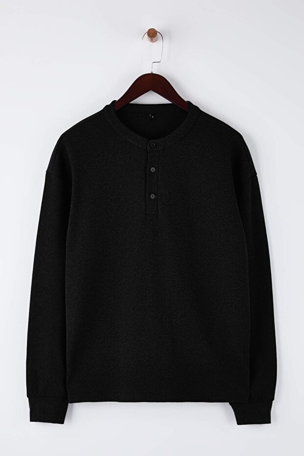 Siyah Oversize/Geniş Kesim Waffle Dokulu Uzun Kol Düğmeli T-shirt TMNAW26TS00004 - 5