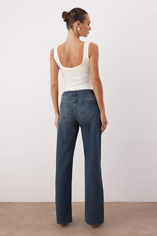 Koyu Mavi Yüksek Bel Geniş Paça Wide Leg Jeans TWOAW26JE00119 - 4