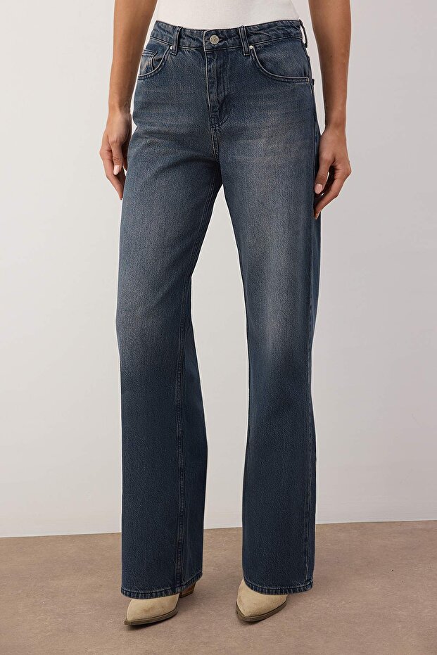 Koyu Mavi Yüksek Bel Geniş Paça Wide Leg Jeans TWOAW26JE00119 - 3