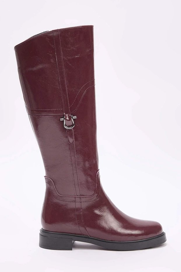 Burgundy Buckled Zippered Round Toe Women's 3.5 cm Flat Heeled Riding Boots Takaw26Cz00009