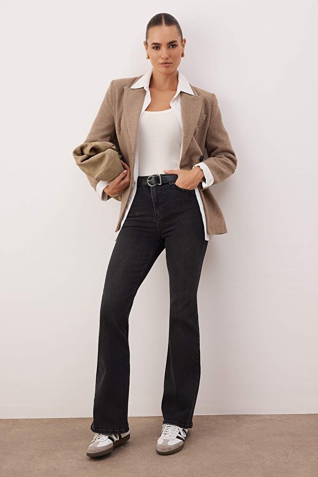 Antrasit Yüksek Bel Comfort/Esnek İspanyol Paça Flare Jeans TWOAW26JE00095 - 1