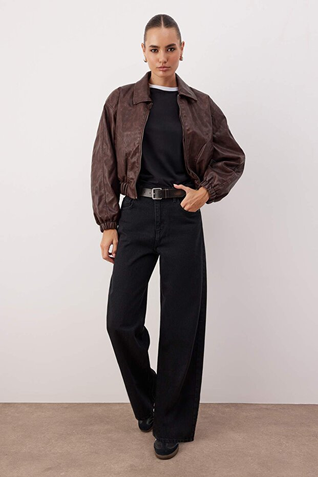 Siyah Beli Ayarlı Yüksek Bel Wide Leg/Geniş Paça Jeans TWOAW26JE00265 - 2