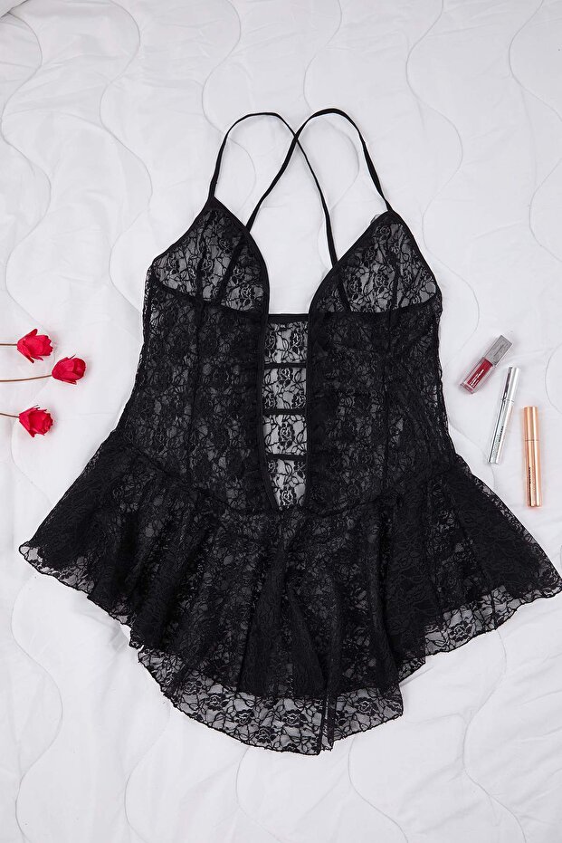Siyah Pencere/Cut Out Detaylı Külotlu Dantelli Kapsız Örme Babydoll/Fantezi Gecelik TBBAW26DH00002 - 2