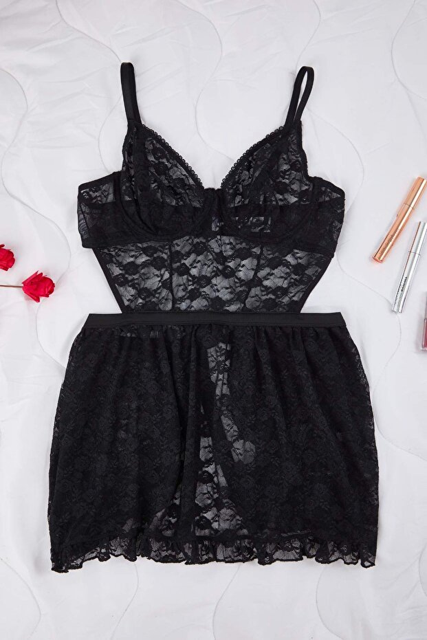 Siyah Kapsız Balenli Dantelli Büyük Beden Fantezi Babydoll TBBAW26DH00001 - 2