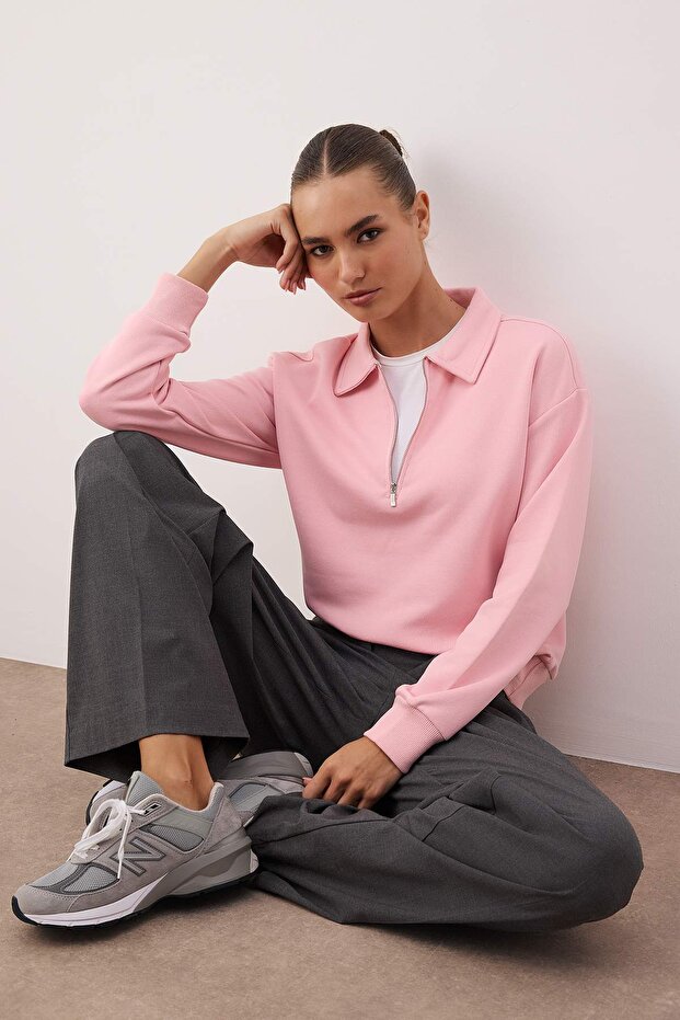 Açık Pembe Yarım Pat Fermuarlı Regular/Normal Kalıp Örme Sweatshirt TWOAW26SW00108 - 1