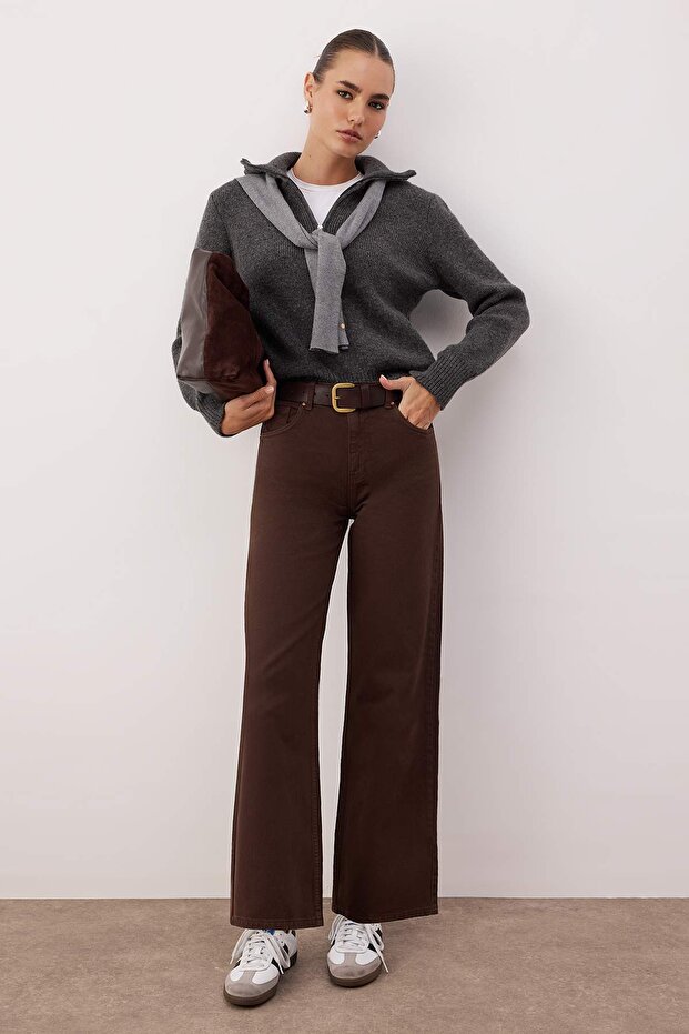 Koyu Kahverengi Yüksek Bel Bilek Boy Culotte %100 Pamuklu Jeans TWOAW26JE00190 - 1