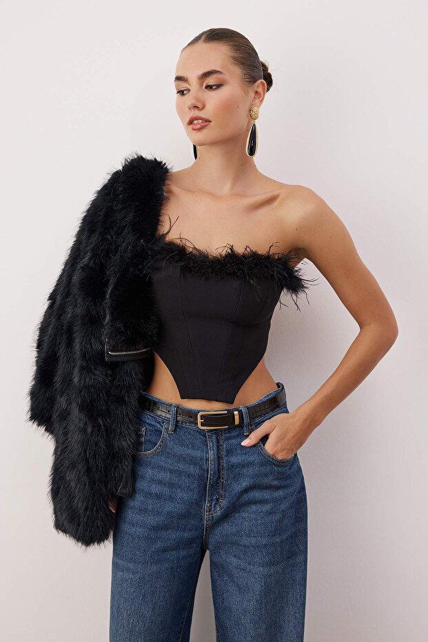 Siyah Crop Astarlı Otrişli Dokuma Büstiyer TPRSS22BS00018 - 1