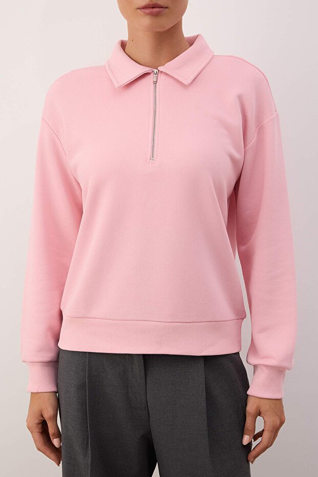 Açık Pembe Yarım Pat Fermuarlı Regular/Normal Kalıp Örme Sweatshirt TWOAW26SW00108 - 3