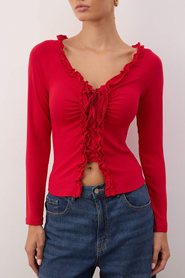 Kırmızı Fitted/Vücuda Oturan Büzgü/Fırfır Detaylı Uzun Kollu Esnek Örme Bluz TWOAW26BZ00162 - 3