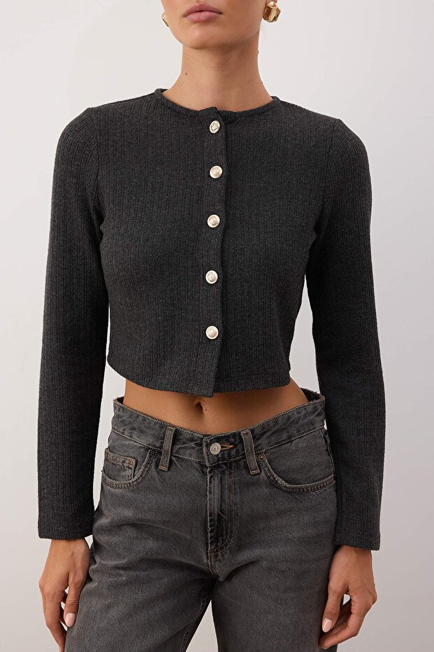 Antrasit Fitted/Vücuda Oturan Crop Düğme Detaylı Fırçalı Pointel Esnek Örme Bluz TWOAW26BZ00113 - 3